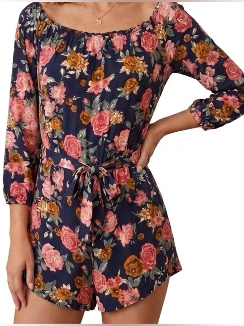 Boho Floral Off The Shoulder Romper Blue Pink Botanical Shorts Long Sleeve S